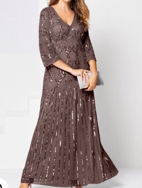 Roaman's tan beaded sparkly sequins plus size maxi mother of the formal dress